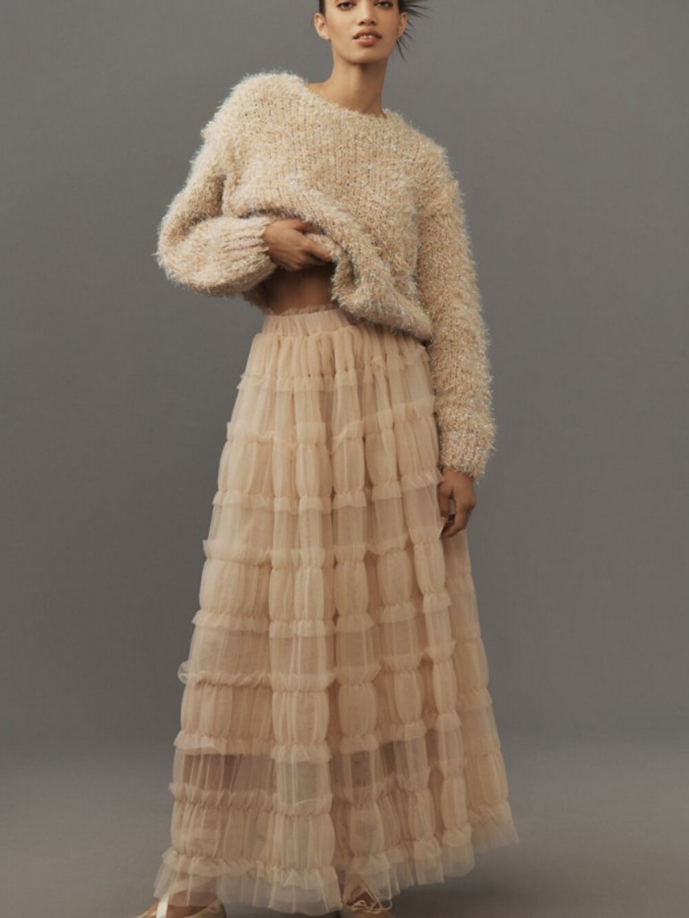 Anthropologie Shirred Tulle Maxi Skirt | Blush | S
